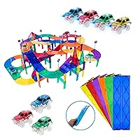 PicassoTiles 150PC Magnetic Race Car Track + 3 LED Light Up Truck Cars + 6PC Expansion Ramp Tiles Mega Bundle: STEAM Learning, Enhance Construction Skills, Hand-Eye Coordination and Fine Motor Skills