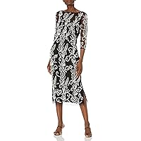 JS Collections Women's Beaded Midi Dress Neck and Illusion 3/4 Sleeve