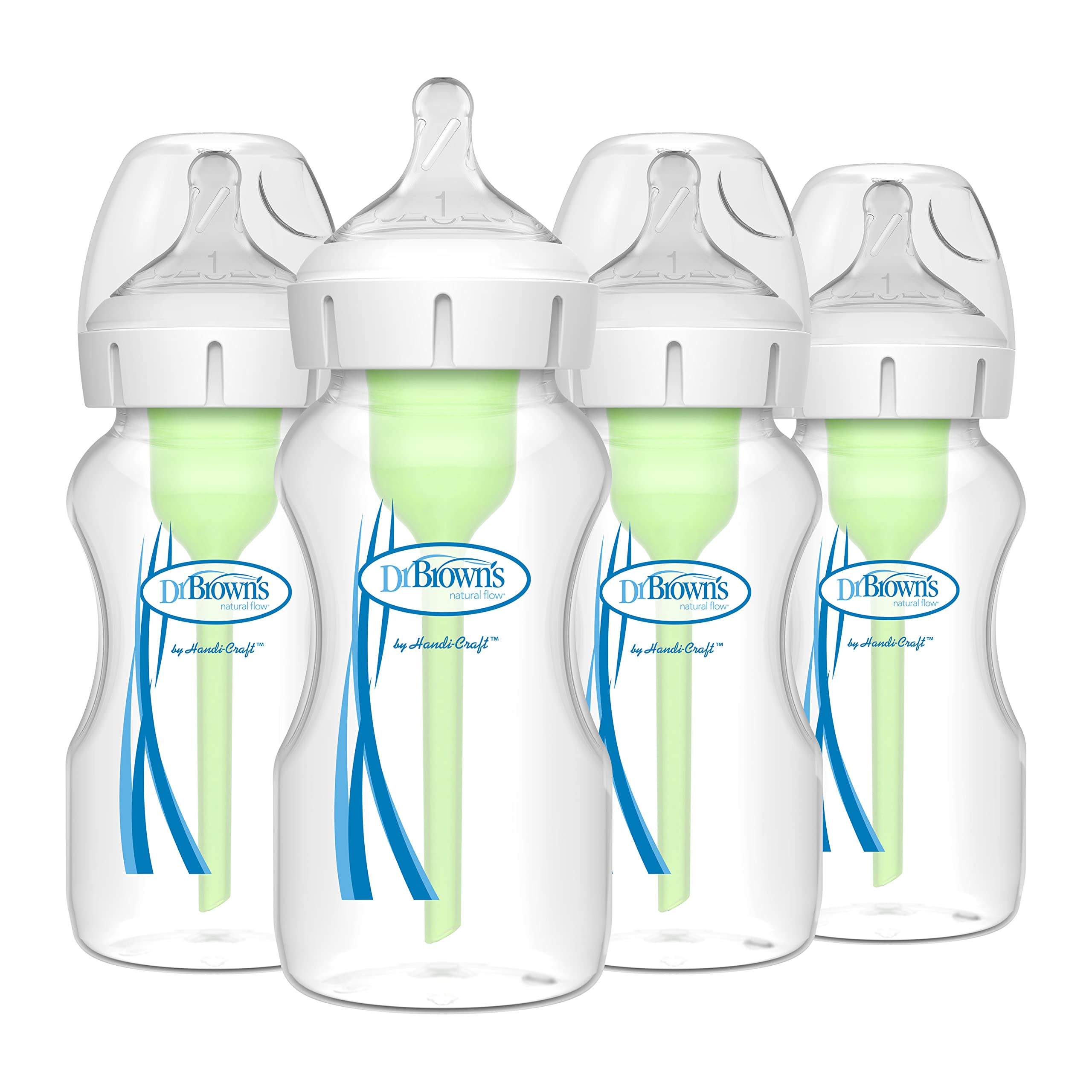 Dr. Brown’s Natural Flow® Anti-Colic Options+™ Wide-Neck Baby Bottles 9 oz/270 mL, with Level 1 Slow Flow Nipple, 4 Count (Pack of 1), 0m+