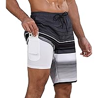 Mens Swim Trunks with Compression Liner 9 Inch Quick Dry Bathing Suit Board Shorts with Zipper Pockets