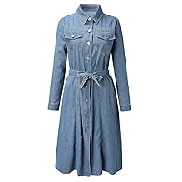 Midi Length Denim Dress Womens Swing Summer Belted Pocket Shirt Dress Size 4-10