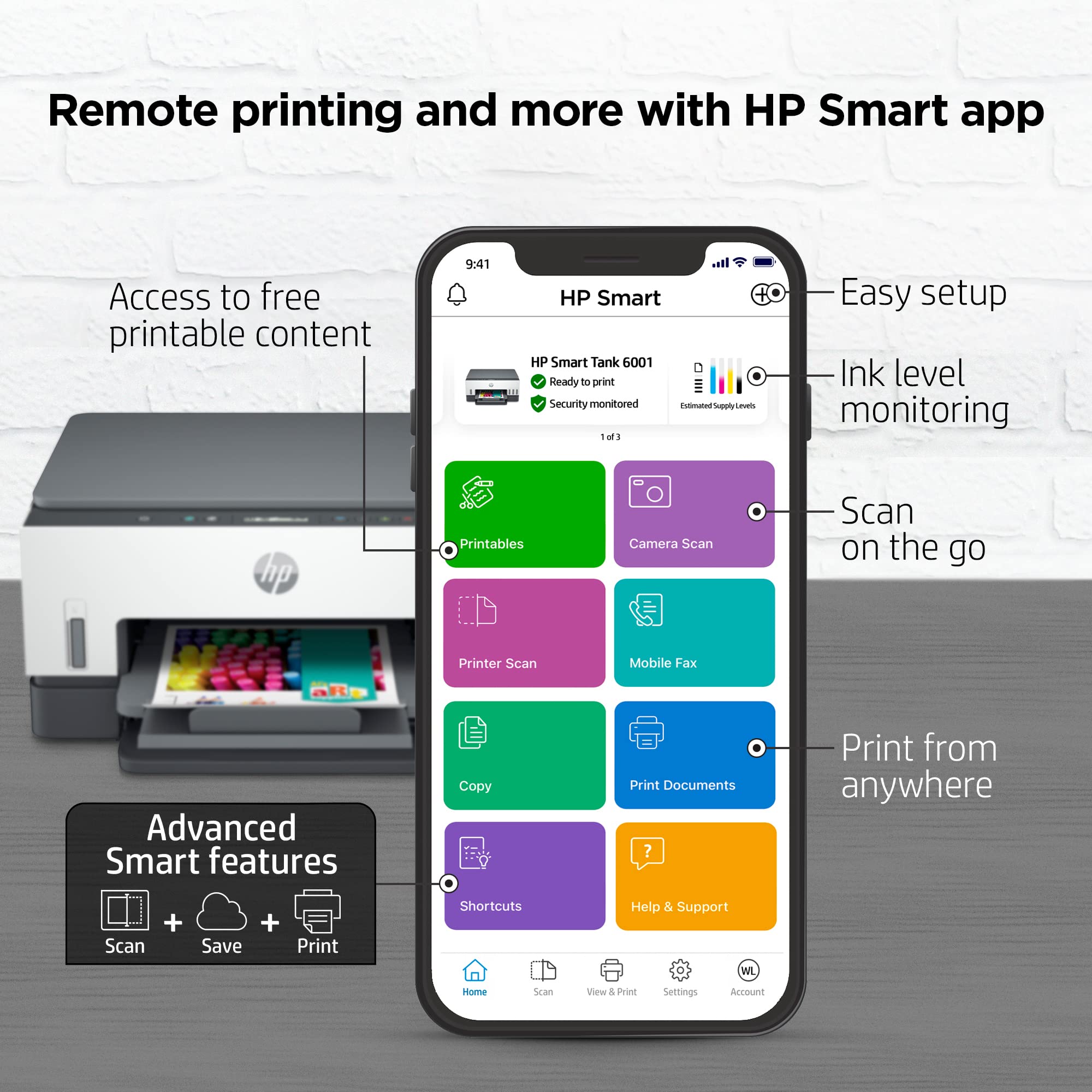 HP Smart -Tank 6001 Wireless All-in-One Cartridge-free Ink Printer, up to 2 years of ink included, mobile print, scan, copy (2H0B9A), Grey, White