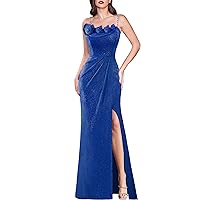 VFSHOW Womens Beaded Spaghetti Strap Ruched High Split Formal Prom Maxi Dress 3D Floral Wedding Guest Evening Gown