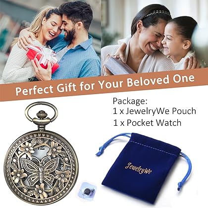 JewelryWe Retro Design Bronze Butterfly Flower Openwork Cover Pocket Quartz Watch with 31.5 Inch Chain, for Mother's Day