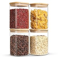 Glass Storage Containers with Lids 37fl.oz, Glass Jars with Bamboo Lids, Clear Food Storage Jar, Glass Canister For Pantry Noodles Flour Cereal Rice Sugar Tea Coffee Beans, Square Set of 4