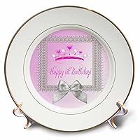 3D Rose Princess Crown Beautiful Silver Frame-White Bow-Happy 1St Birthday Porcelain Plate, 8