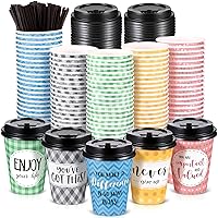 Gerrii 100 Pack Disposable Coffee Cups with Lids and Straws, Motivational Paper Cups with 6 Quotes and Designs Disposable Hot Cups for Water, Juice, Coffee, Tea, Home, Shop Cafe (Fresh Style,12 oz)