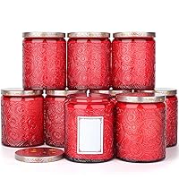 9 Sun Moon Stars Embossed Glass Candle Container with Lid and Labels - 8 oz (Red)