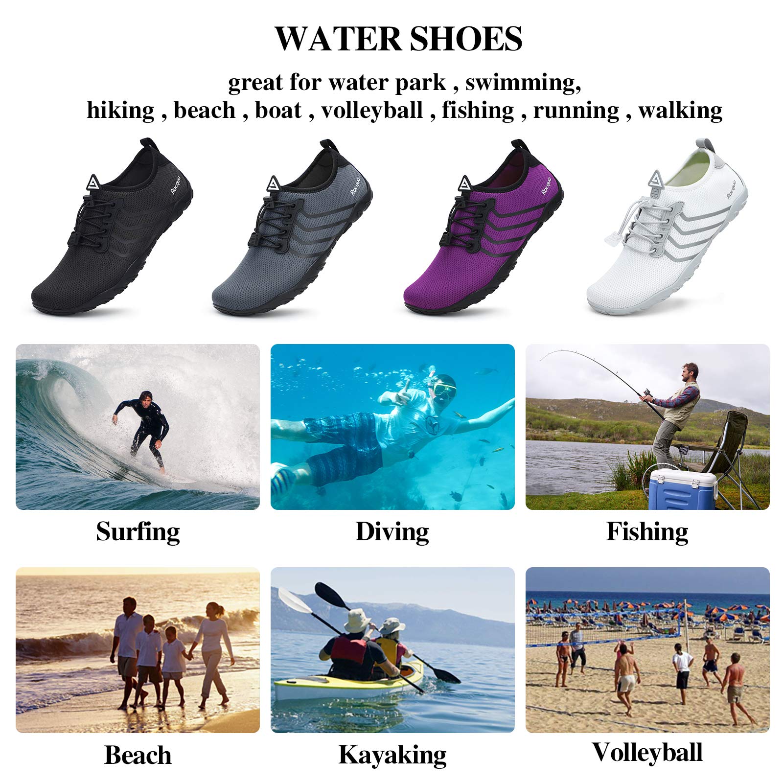 Racqua Water Shoes Quick Dry Barefoot Water Aqua Sport Beach Pool Swim Surf Diving for Men Women