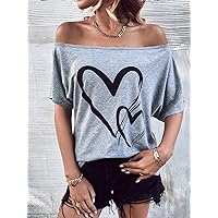Women's T-Shirt Heart Print Button Detail Dolman Sleeve Tee T-Shirt for Women (Color : Gray, Size : X-Large)