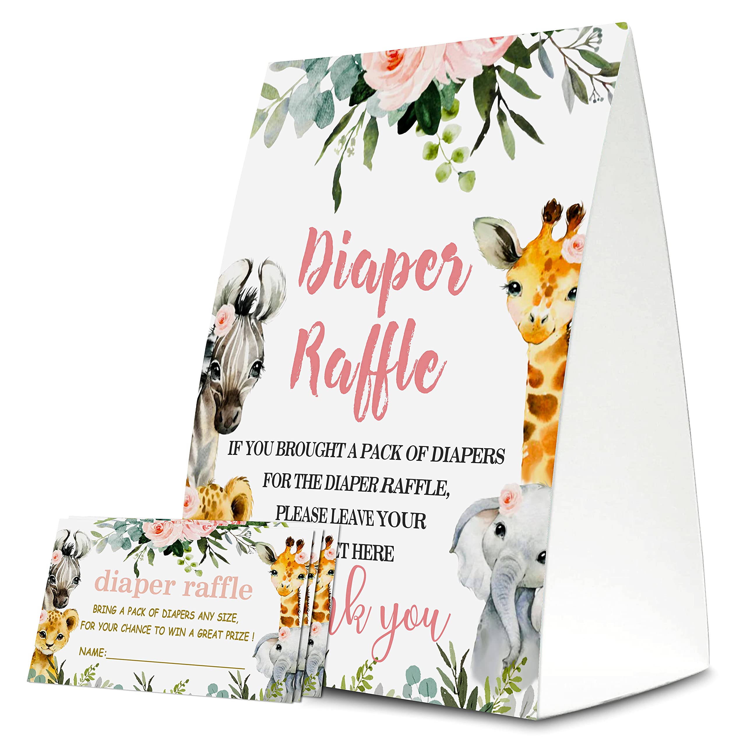 Yuansail Diaper Raffle Tickets For Baby Shower, Jungle Animal Themed Cards, Party Favors For Baby Showers Game Cards, 1 Sign & 50 Cards Per Pack – (bb002-niaobu)