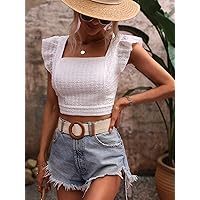 Women's Tops Women's Shirts Sexy Tops for Women Eyelet Embroidery Tie Backless Butterfly Sleeve Crop Blouse (Color : White, Size : Medium)