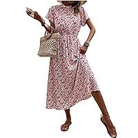 Milumia Women's Button Front Drawstring High Waist Short Sleeve A Line Midi Dress Red Floral Small
