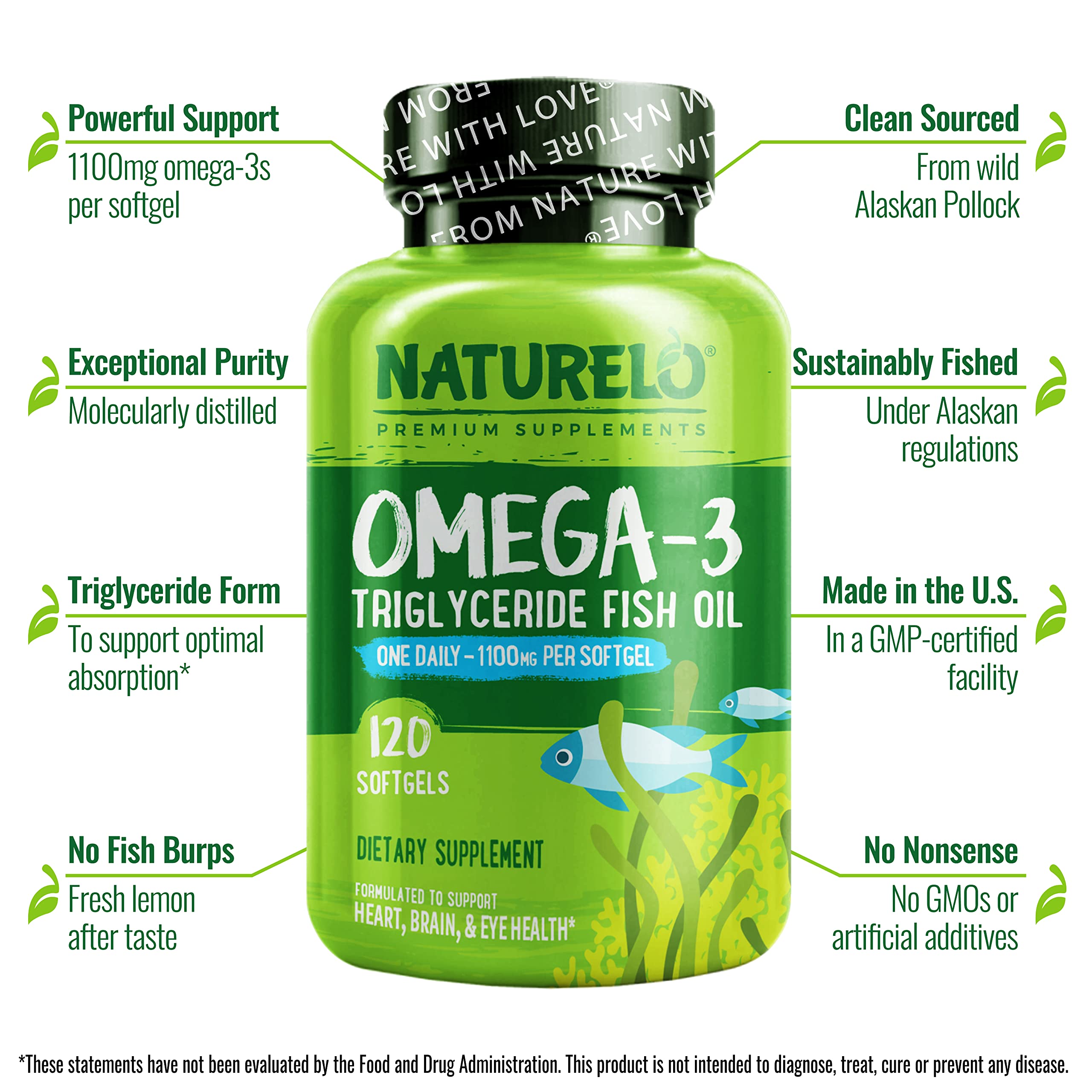 NATURELO Omega-3 Fish Oil Supplement - EPA + DHA - 1100 mg Triglyceride Omega-3 per Gel - One A Day - for Heart, Eye, Brain, Joint Health - No Burps - Lemon Flavor - 120 Softgels | 4 Month Supply