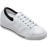 TOTO Men's Invisible Height Increasing Elevator Shoes - White/Black Leather Lace-up Sneakers - 2.4 Inches Taller - D8171
