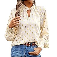 Women's Long Lantern Sleeve Shirts Cutout Keyhole Neck Solid Casual Blouses Fashion Polka Dots Dressy Tunic Tops