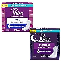Poise Incontinence Pads & Postpartum Incontinence Pads for Women Bundle: 7 Drop Ultra Absorbency, Long Length, 78ct and 8 Drop Overnight Absorbency, Extra-Coverage Length, 72ct