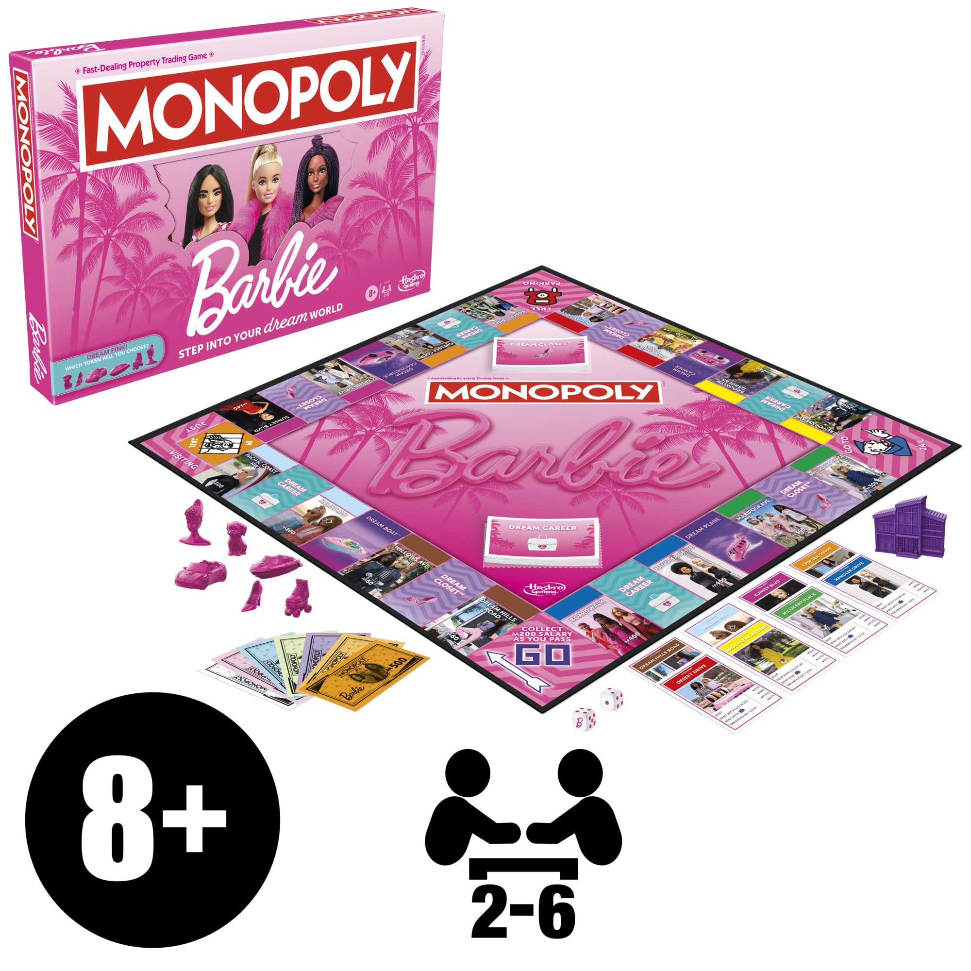 Monopoly: Barbie Edition Board Game, Ages 8+, 2-6 Players, Fun Family Games for Kids and Adults, with 6 Barbie-Themed Pink Zinc Tokens, Kids Gifts
