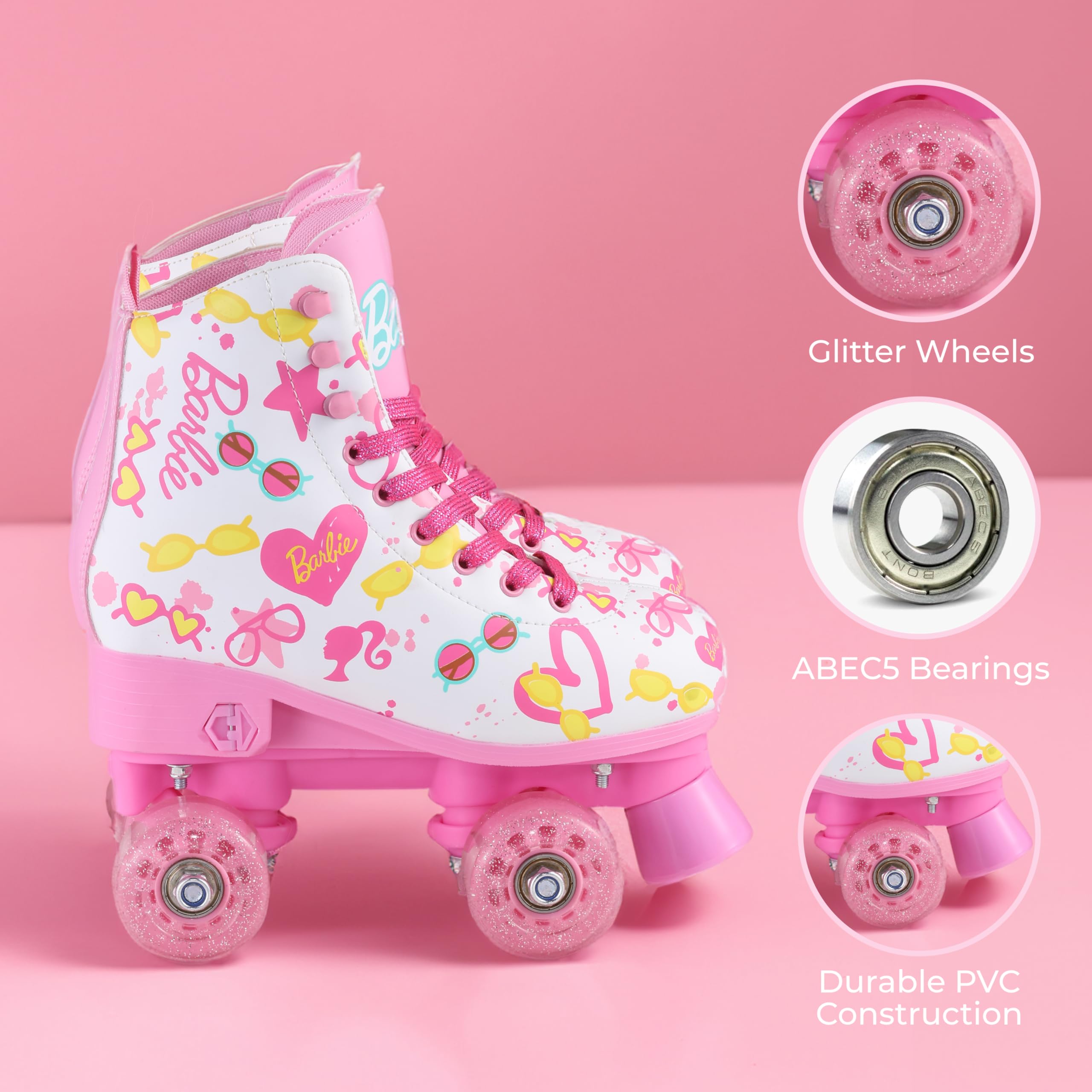 BARBIE Roller Skates for Girls - Adjustable Sizes 12-2, Glitter Wheels, ABEC 5 Bearings - Durable PVC Material, Foam Shoe Lining - Perfect for Active Fun and Adventures, Size 12-2