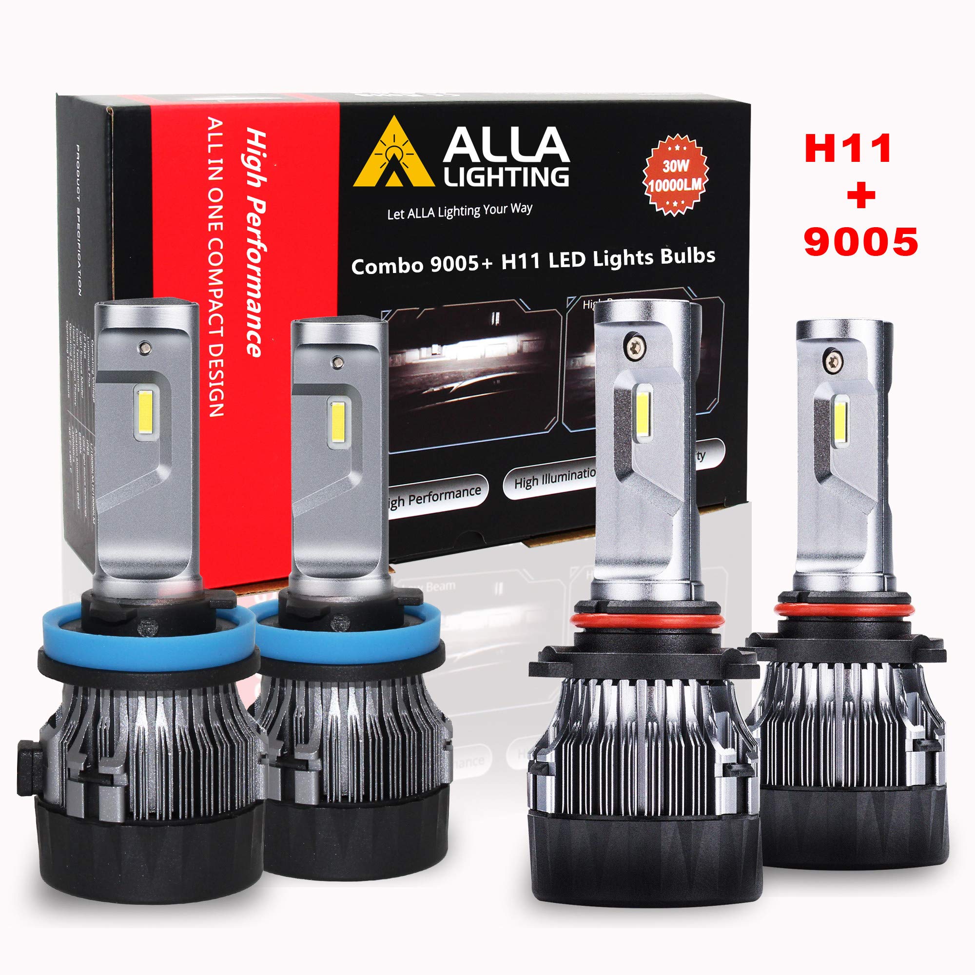 ALLA Lighting S-HCR H11 Low Beam HB3/9005 High Beam LED Bulbs Combo Kits Extreme Super Bright Replacement for Cars, Trucks, Xenon White (4 Packs, 2...