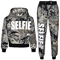 Kids Girls Tracksuit #Selfie Camouflage Charcoal Hooded Crop Top Bottom Jog Suit
