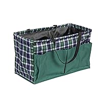 Household Essentials Plaid Utility Tote with Handles, Rectangular Krush Tote, Water-Resistant Vinyl Lining, Large Capacity, Durable and Versatile, Plaid Bag w/Green Pockets