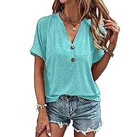 Halife Women's Casual Short Sleeve T Shirts Summer Button V Neck Tops Loose Fit Tee Shirt Blouse