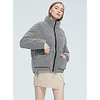 Womens Jackets Jackets for Women Houndstooth Print Double Pocket Raglan Sleeve Puffer Coat (Color : Gray, Size : Small)