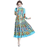 LAI MENG FIVE CATS Women's Floral Print Long Sleeve Flowy Casual Button Up Maxi Dress with Belt