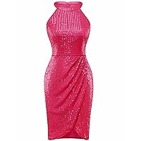 Bbonlinedress Women Sequin Cocktail Homecoming Halter Sparkly Prom Club Bodycon Ruched Wrap Wedding Dress