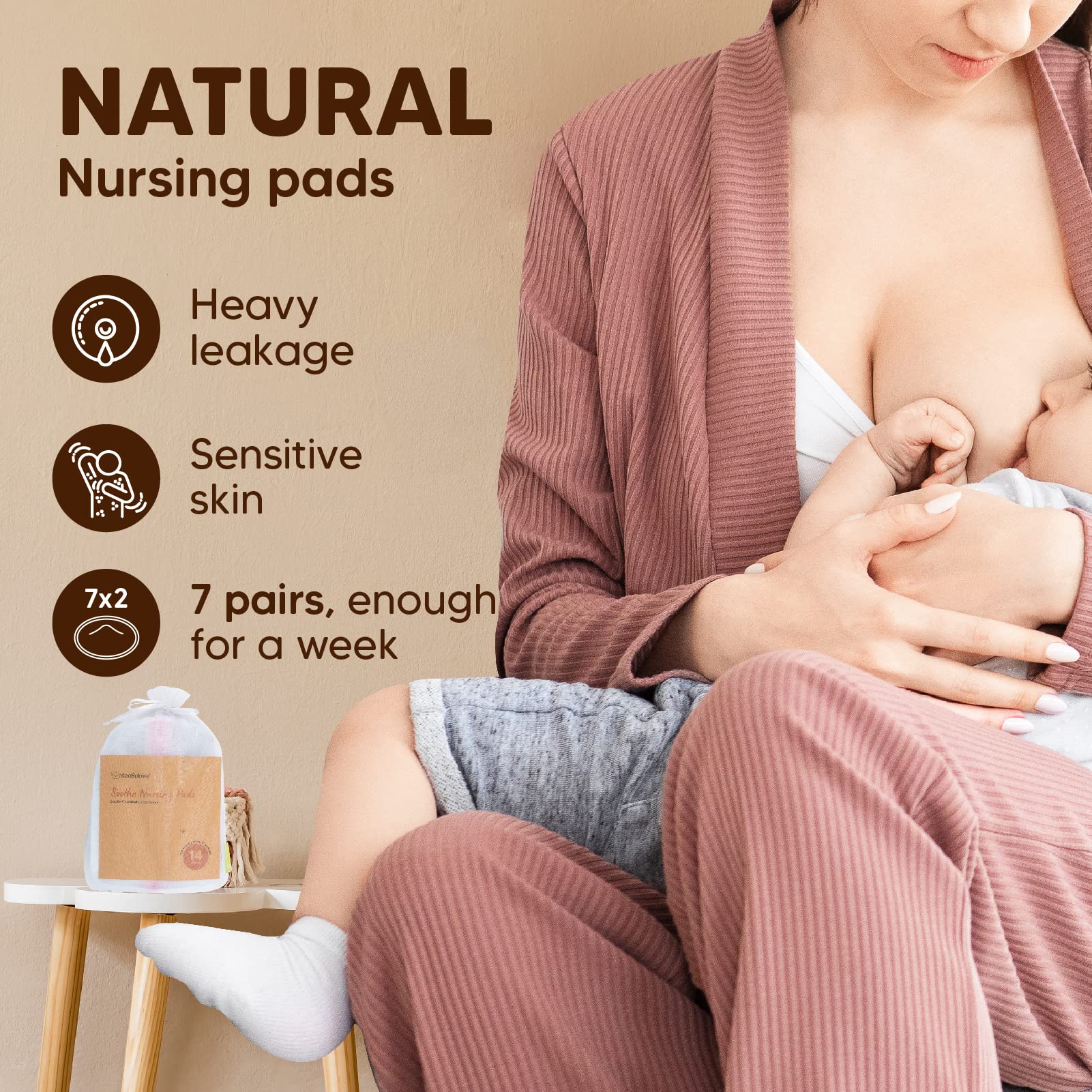 KeaBabies Reusable Nursing Pads for Breastfeeding, 14-Pack - 4-Layers Organic Bamboo Nursing Pads - Breastfeeding Pads - Washable Breast Pads - Natural Bamboo Maternity Pads (Lovelle, Large 4.8