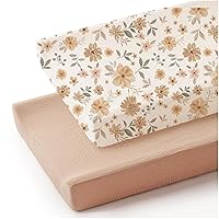 Konssy 2 Pack Muslin Changing Pad Cover for Baby Girls Boys 100% Cotton Fitted Diaper Changing Table Cover Set, Soft Changing Pad Sheets (Peach,Flowers)