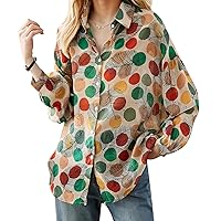 LAI MENG FIVE CATS Women's Button Down Floral Print Shirt Casual Long Sleeve Loose fit Collared Blouses Tops