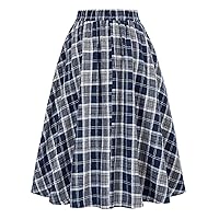 Womens High Waist Midi Skirt Summer Trendy Casual Pleated Button Plaid Flowy Long Knee Length Swing Skirts