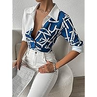 Women's Tops Sexy Tops for Women Women's Shirts Colorblock Letter Graphic Button Up Shirt Shirts for Women (Color : Blue and White, Size : Medium)
