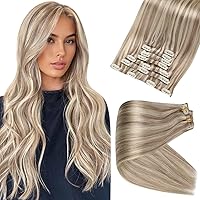 Full Shine Ash Blonde Clip in Extensions Human Hair Pu Weft Highlights Platinum Blonde Real Hair Clip in Extensions Silky Straight Remy Hair Extensions Clip ins 120G 22 Inch