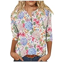 Womens Summer Dresses 2023 Button Down Collar Seven Part Sleeve Printed Slim Casual T-Shirt Top