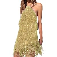 Women Sequin Fringed Sexy Backless Club Party Cocktail Date Night Halter Mini Dresses 1920s Flapper Dress Latin Dress