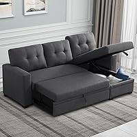 Sectional Sleeper Sofa with Chaise Convertible L Shaped Couch Pull Out Bed and Storage for Living Room, Apartment, Bedroom, Office, Dark Grey