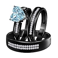 His and Hers Matching Wedding Band Ring Set 14K Black Rhodium Plated Alloy 6 MM Heat Cut CZ Aquamarine Engagement Trio Bridal Set
