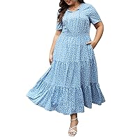 Keluummi Plus Size Dresses for Women, Summer Casual Boho Floral Maxi Dress, Empire Waist, V Neck, with Pocket for Holiday(26 Plus, Blue Floral)