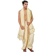 Ready to Wear Dhoti and Angavastram Set with Woven Golden Border - Art Silk
