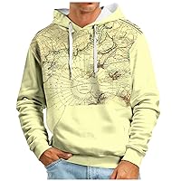 Men Hoodie Plus Size Vintage Hoodies For Men Map Print Graphic Drawstring Long Sleeve Pocket Pullover Sweatshirt
