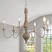 6-Light French Country Chandelier, Handmade Real Wood Farmhouse Chandelier, Distressed Finish Light Fixture for Dining Room, Living Room, Bedroom, Kitchen, Stairway, Kitchen