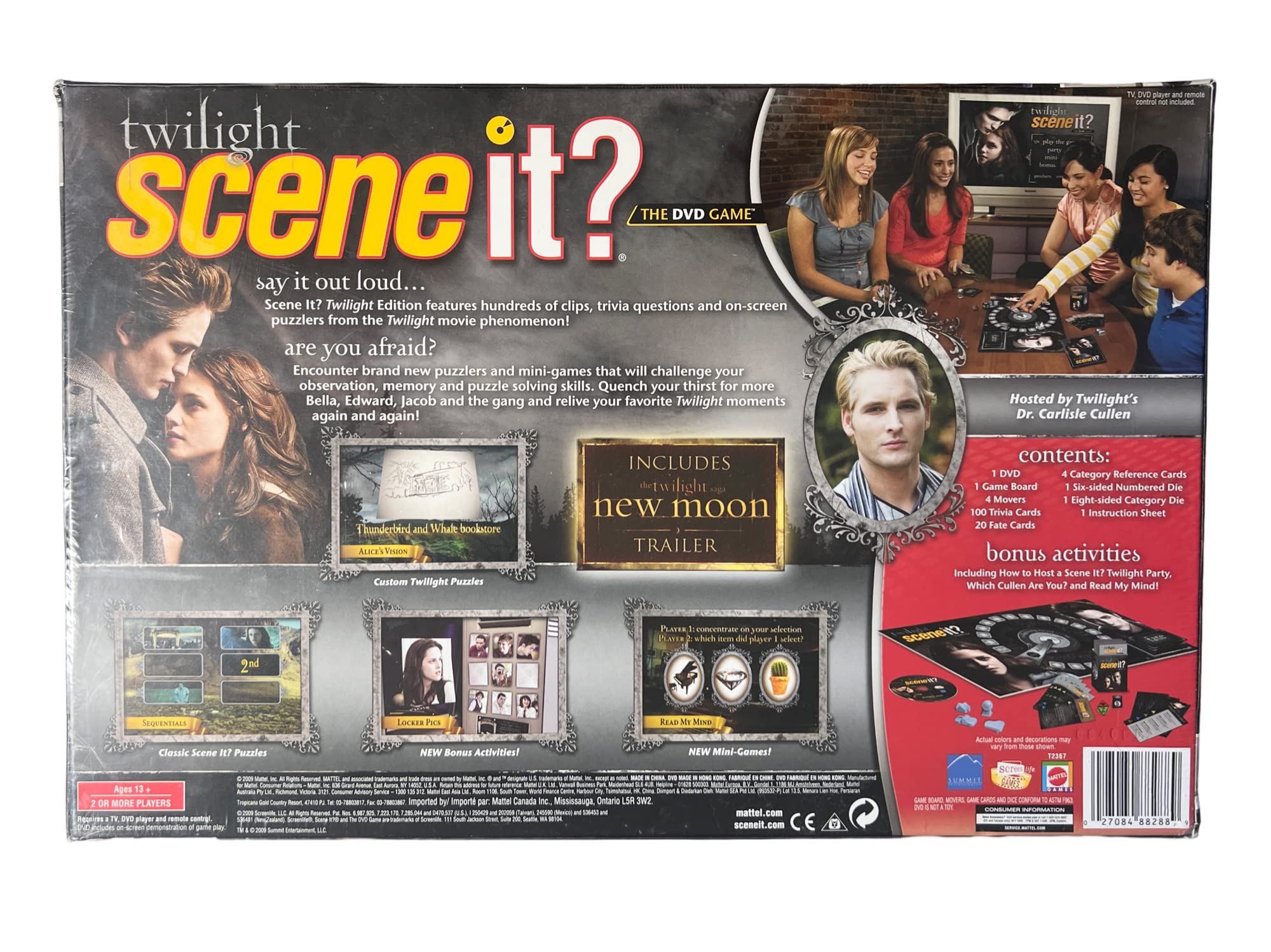 Scene It? Trivia DVD Board Game - TWILIGHT with DVD, Game Board, 4 Movers, 100 Trivia Cards, 20 Fate Cards, 4 Category Reference Cards, 1 Six-Sided Numbered Die, 1 Eight-Sided Category Die and Instruction Sheet Plus Bonus Activities