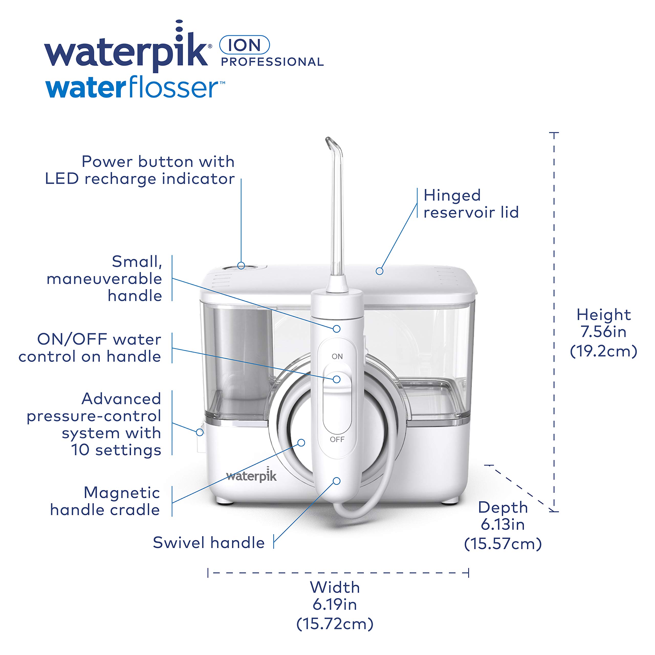Waterpik ION Professional Cordless Water Flosser Teeth Cleaner Rechargeable and Portable, White, 1 Count