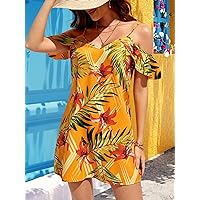 Women's Dress Tropical Print Cold Shoulder Dress Summer Dress (Color : Orange, Size : Large)