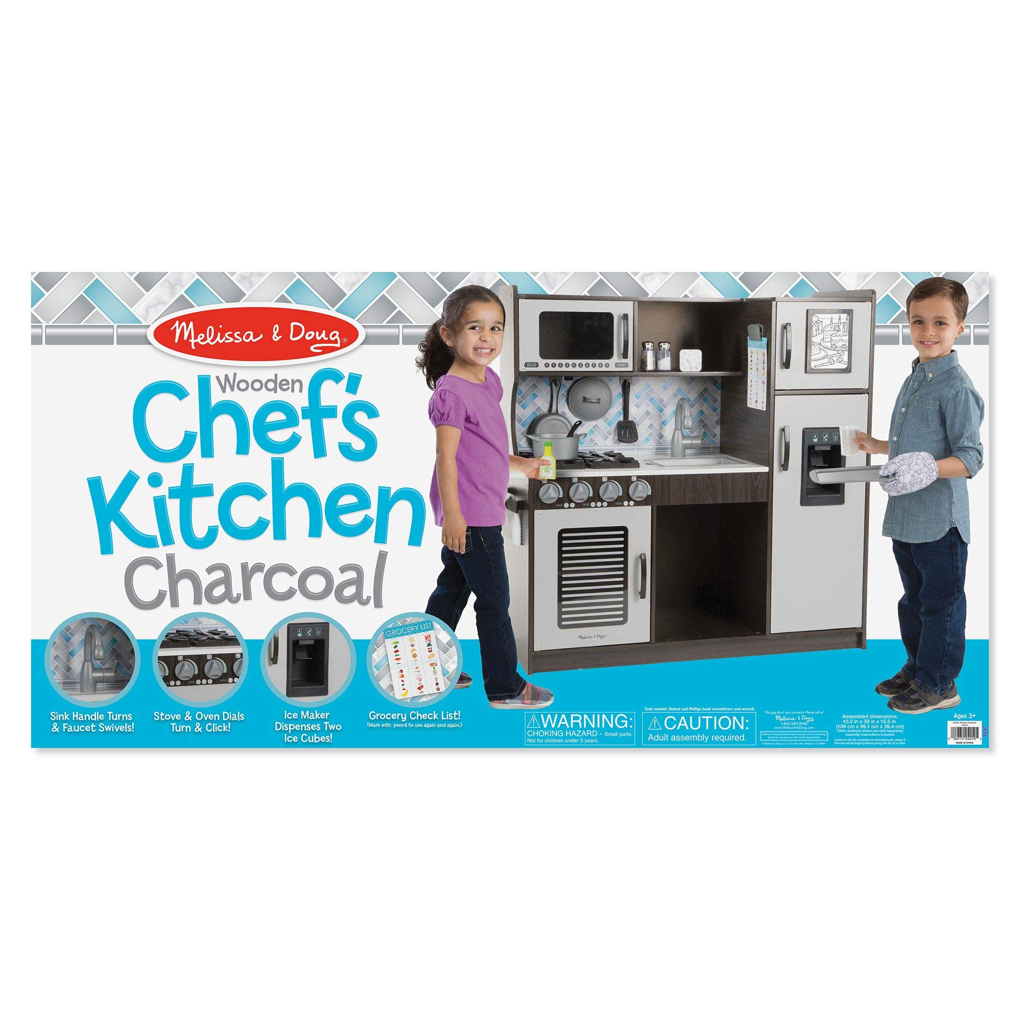 Melissa & Doug Wooden Chef’s Pretend Play Toy Kitchen With “Ice” Cube Dispenser – Charcoal Gray - Kids Kitchen Play Set, Play Kitchen For Toddlers And Kids Ages 3+