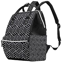 Black Japanese Inspired Geometric Pattern Diaper Bag Travel Mom Bags Nappy Backpack Large Capacity for Baby Care