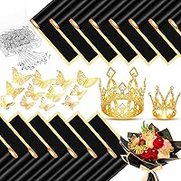 186 Pcs Flower Wrapping Paper Set Include 24 Sheet of Bouquet Wrap Paper 2 Crown Cake Topper 60 3D Gold Butterfly Wall Decor and 100 Corsages Bouquet Pins for Wedding (Black)